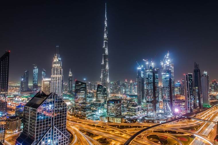 Downtown Dubai skyline at night